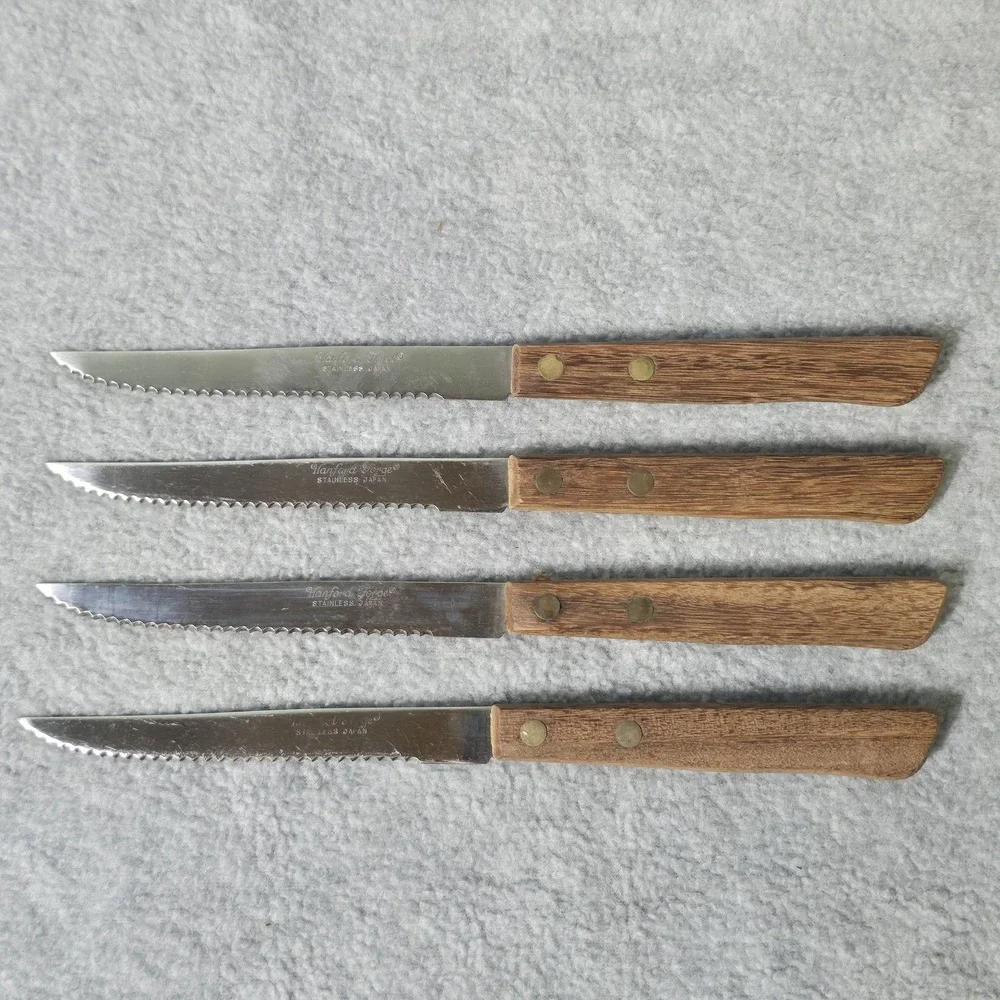 Vintage Hanford Forge Steak Knives Set 8 Brown Wood Handle Stainless Japan